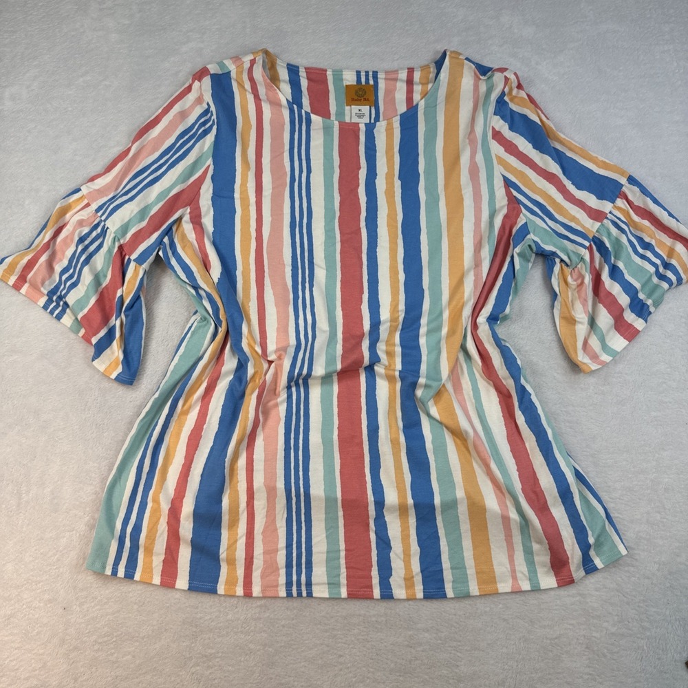 RUBY RD M WOMEN'S Stripe Shirt Flounce 3/4 Slv lightweight XL Summer